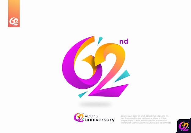 번호 62 로고 아이콘 디자인, 62번째 생일 로고 번호, 기념일 62