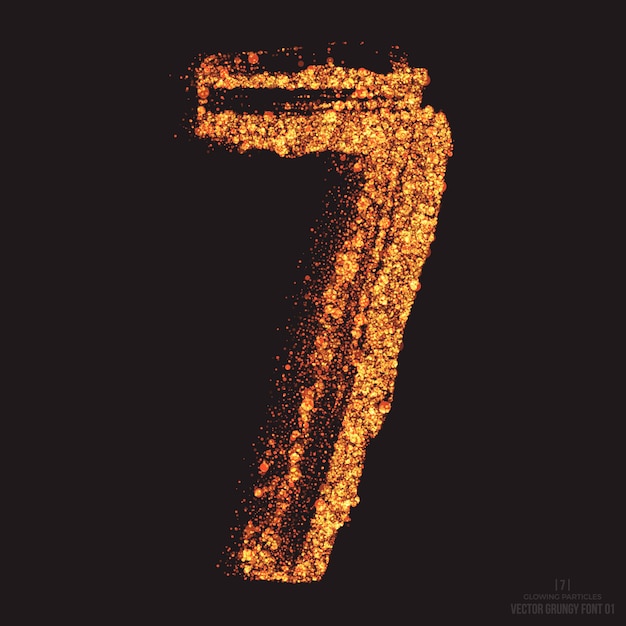 黒の背景に7番の火を燃やすテキスト効果フォントデザイン要素。明るい金色のきらめき散乱粒子炎の光るシンボル
