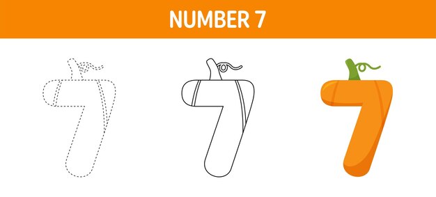 Number 7 Pumpkin tracing and coloring worksheet for kids