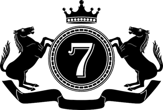 Numero 7 con corona di cavallo cornice vintage logo design nero fatto a mano