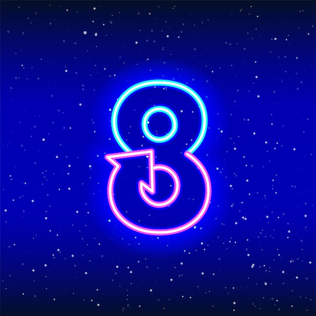 Number 8 and arrow sign in neon blue and pink color Arrowed numeral eight of space stars