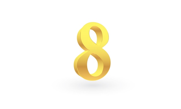 Numero 8 in oro isolato su sfondo bianco