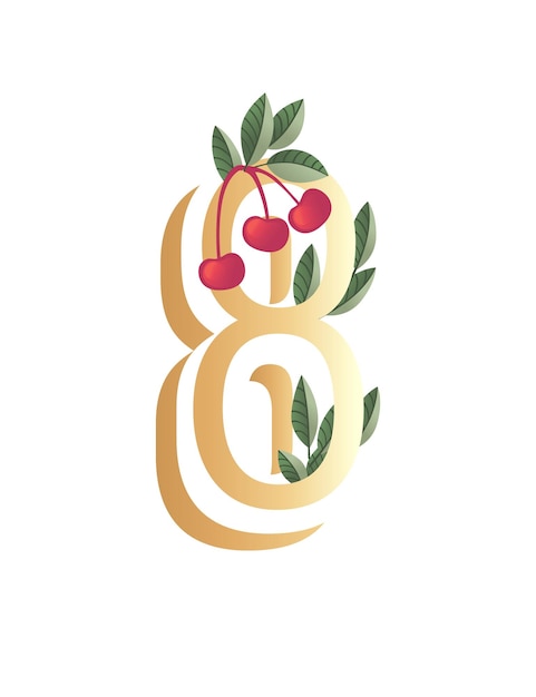 Vector number 8 with gradient style beige color covered with green leaves and red berries eco font flat vector illustration isolated on white background