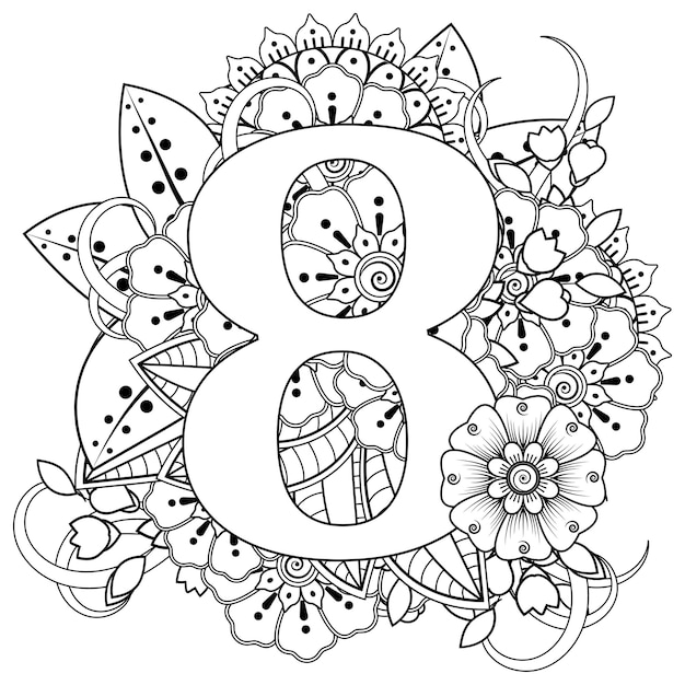 Numero 8 con ornamento decorativo fiore mehndi in stile etnico orientale libro da colorare pagina