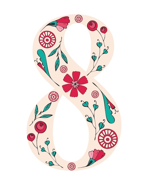 여성의 날, 3월 8일 휴일의 8번. Viva Magenta의 낙서 꽃으로 만든 꽃 장식