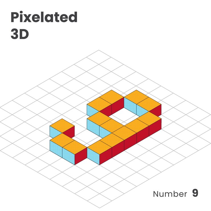 Vector number 9 pixelated 3d