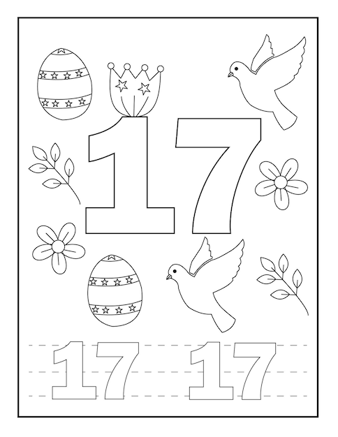 子供のための数の着色ページイースターは花の鳥などをデザインします