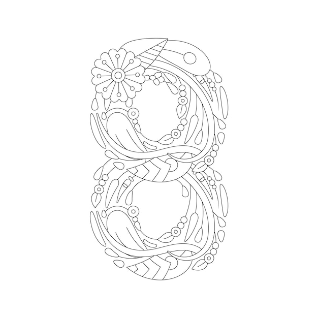 Number coloring pages with doodle style number 8