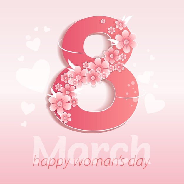 Il numero otto nei colori e nel testo dell'8 marzo happy women's day vector holiday card