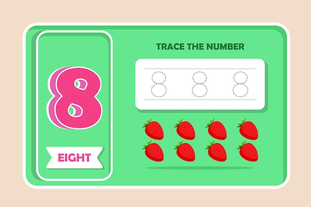8 イチゴ トレーニング書き込みとカウント番号概念ベクトル イラスト 8 トレース練習用ワークシートを数します。