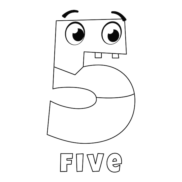 Number five coloring page with eyes and a smile on the face