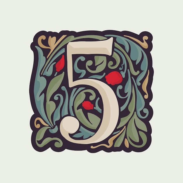 Number five illuminated initial with curve leaf ornament and tulips Medieval dim colored drop cap