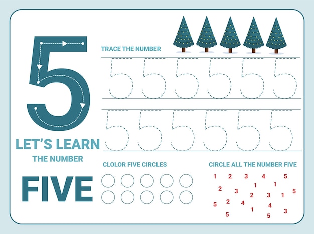 Foglio di lavoro per la pratica del tracciamento numero cinque con 5 alberi di natale per i bambini che imparano a scrivere e contare. foglio di lavoro per l'apprendimento dei numeri.