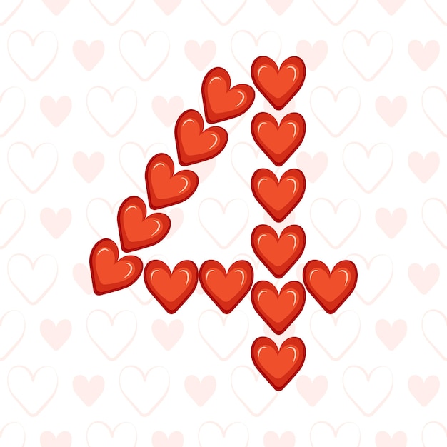 Number four from red hearts on seamless pattern with love symbol festive font or decoration for vale...