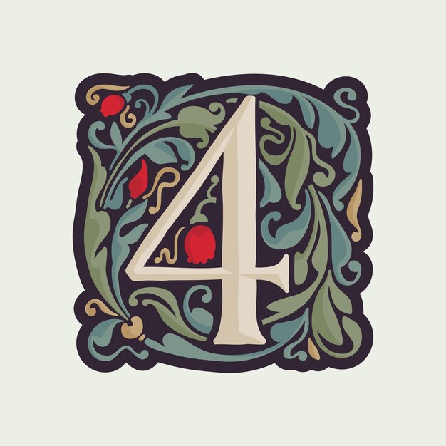 Vector number four illuminated initial with curve leaf ornament and tulips medieval dim colored drop cap