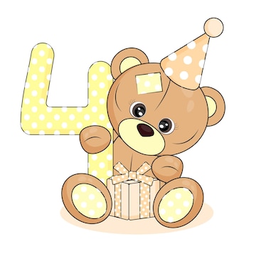 Premium Vector | Number four and teddy bear baby birthday card on white ...