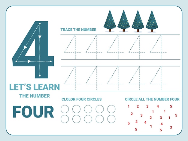 숫자를 세고 쓰는 법을 배우는 아이들을위한 4 개의 크리스마스 트리가있는 4 번 추적 연습 워크 시트. 숫자 학습을위한 워크 시트.