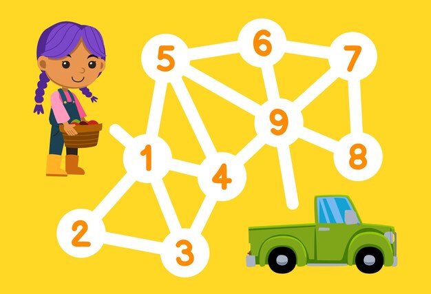 Number maze for children help farmer girl move to pickup truck printable farm worksheet