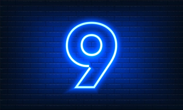 Numero nove 9 segno al neon su sfondo muro di mattoni cartello elettrico blu vintage con neon luminoso