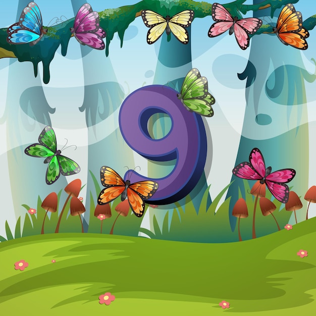 Number nine with 9 butterflies in garden