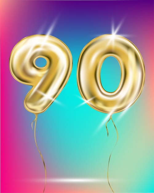 Vector number ninety gold foil balloon on gradient