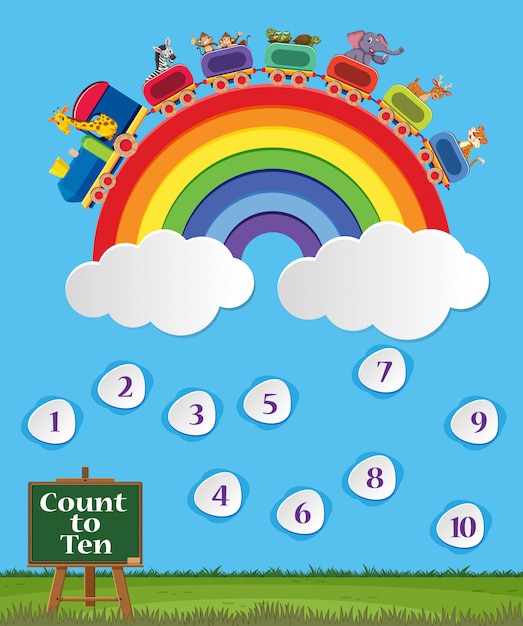 Number one to ten with blue sky and colorful rainbow background