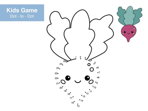 Vector number puzzle game dot to dot cute kawaii radish