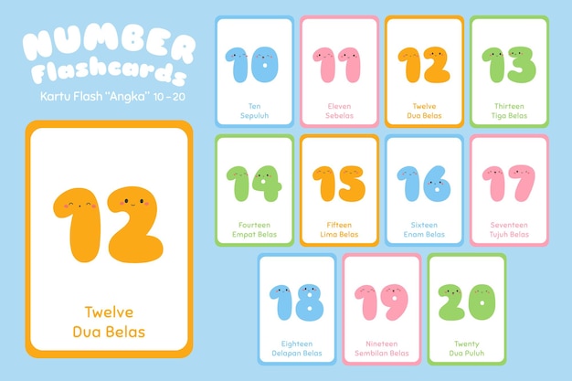 Number, ten to twenty, bilingual flashcards set