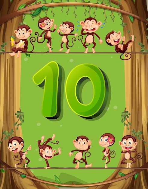 Number ten with 10 monkeys on the tree