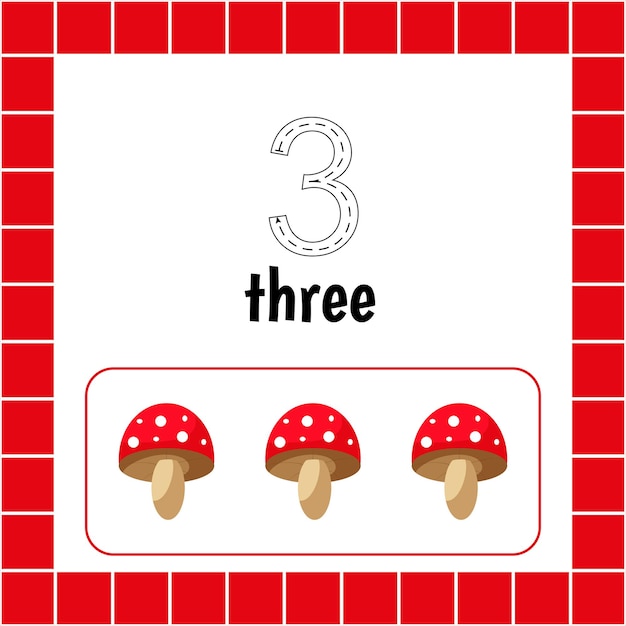 Vector number three fly agaric maths worksheets cards with numbers for children trace the line