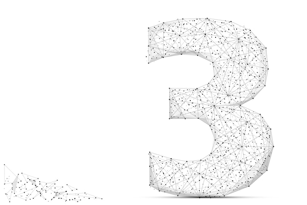 Vector number three low poly gray abstract mash line and point number three on white background