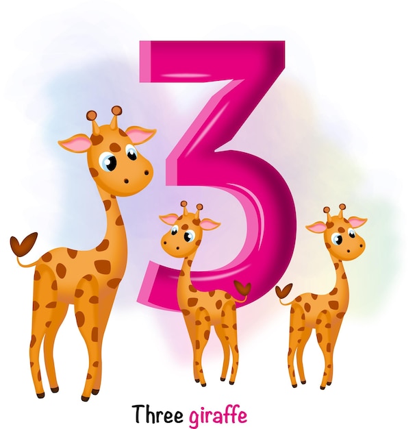 number Three tracing with 3 giraffe for kids learning to count