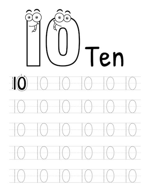 워크시트를 작성 하는 아이 들을 위한 숫자 추적 책 인테리어 프리미엄 벡터 요소 10