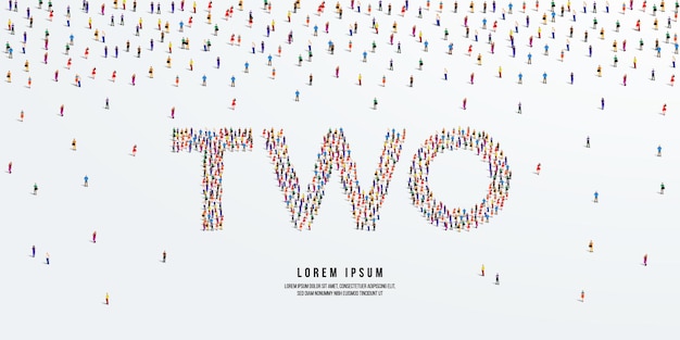 Number Two. Large group of people form to create the word Two or 2. Vector illustration.