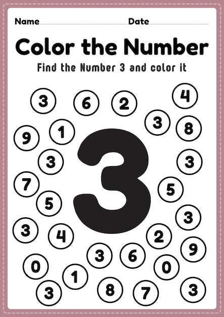 미취학 아동을 위한 숫자 워크시트 번호 3 워크시트 수학 색칠 활동