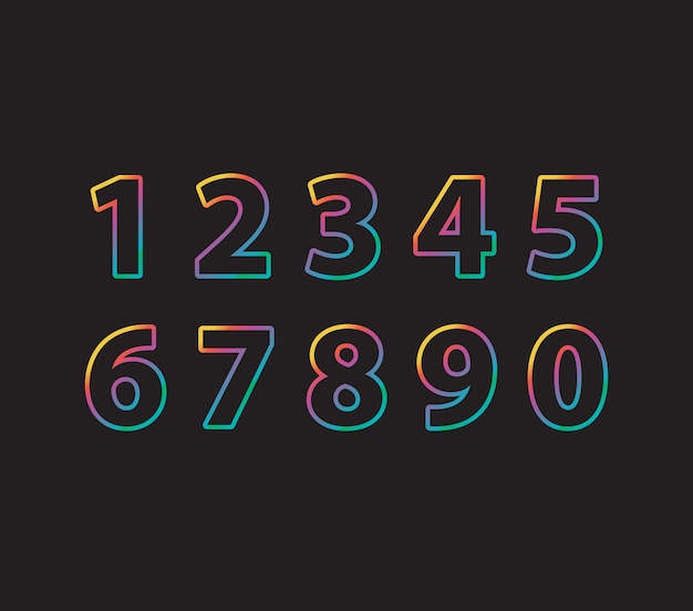 number zero to nine gradient colorful vibrant colors rainbow black background