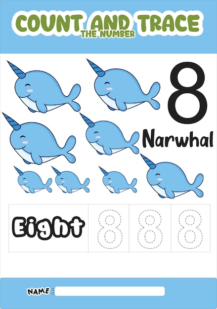 Numbering trace and color narwhal .for kids.