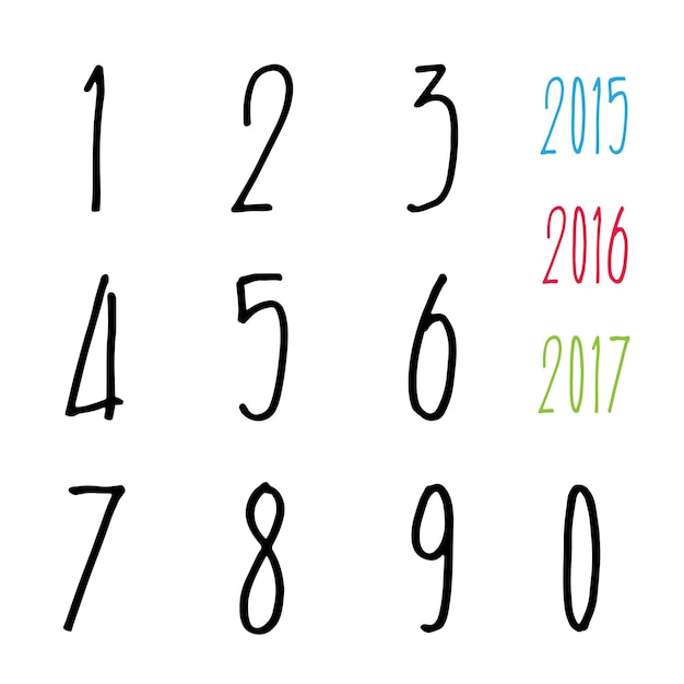 白い背景にブラシで書かれた0〜9の数字