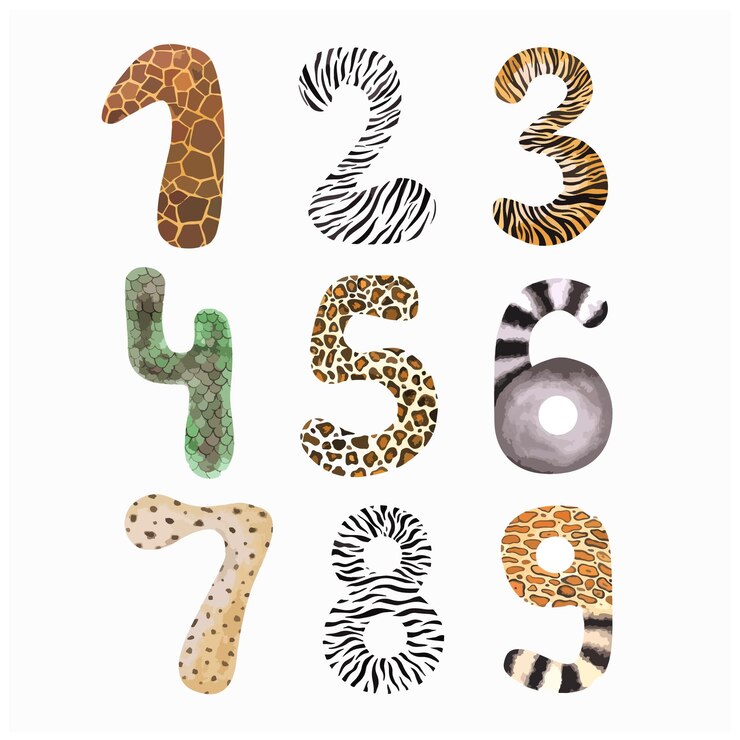 Vector numbers 123456789 with animal print bold symbols with safary patterns for birthday party