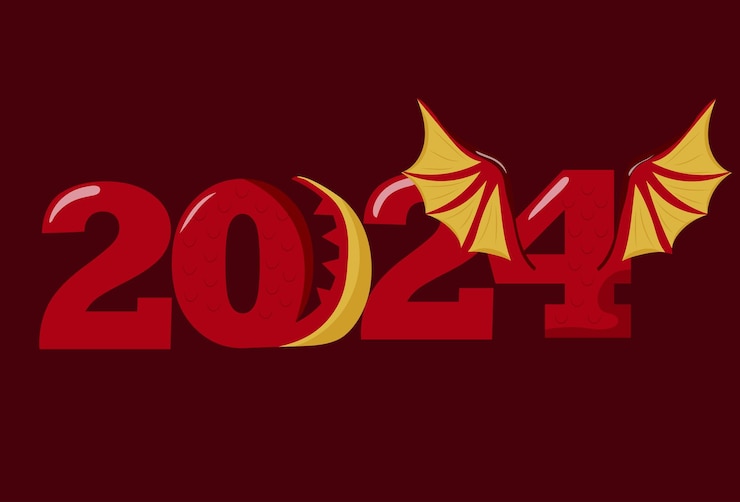 Vector numbers 2024 drawn in the style of the next years symbol namely a red dragon with wings
