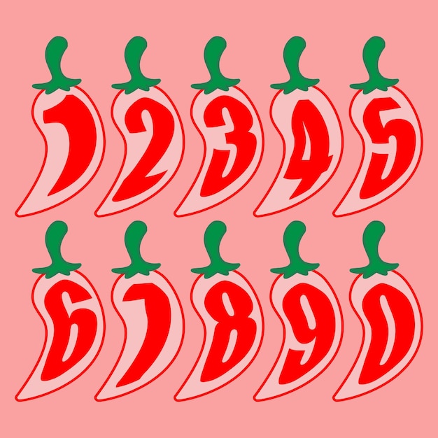 Vector numbers on chili shapes colorful numbers vector alphabet set on chili shapes