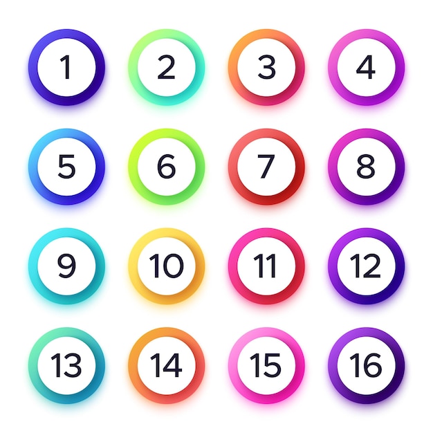 Numbers in colorful gradient frames.