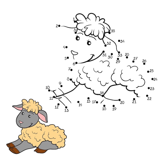 Vector numbers dot to dot game for children cartoon farm animal sheep