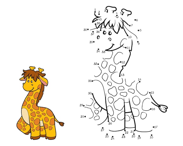 Vector numbers dot to dot game for children cute cartoon giraffe