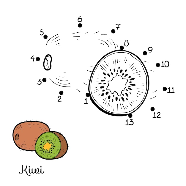 子供の果物と野菜のキウイの数字点つなぎゲーム