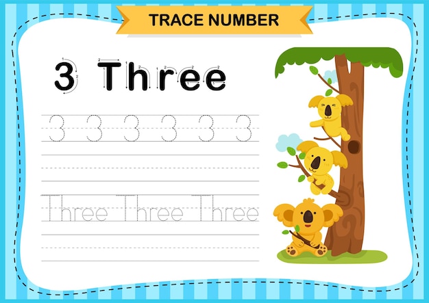 Vector numbers exercise with cartoon vocabularytrace number design for learning handwriting illustration vector