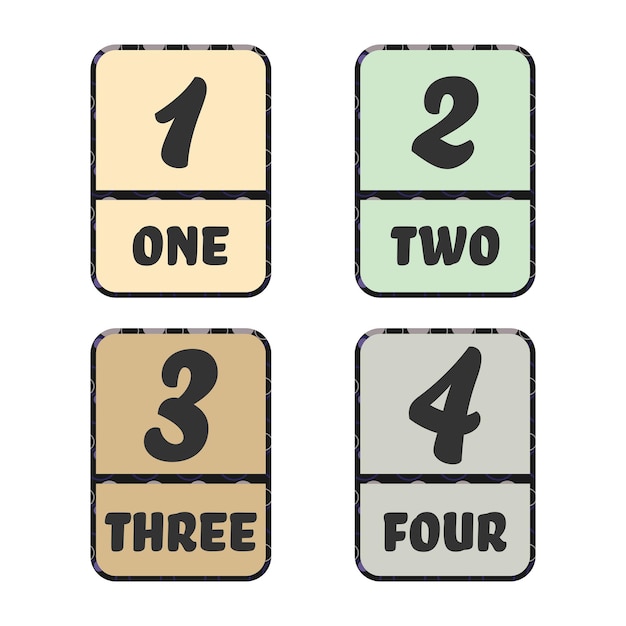 Numbers from 1 to 4 colored flashcard material in English Vector illustration