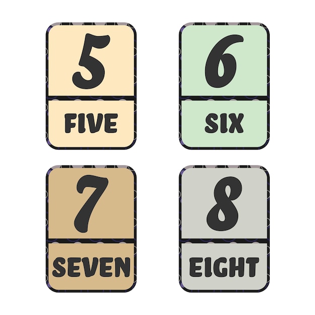 Numbers from 5 to 8 colored flashcard material in English Vector illustration