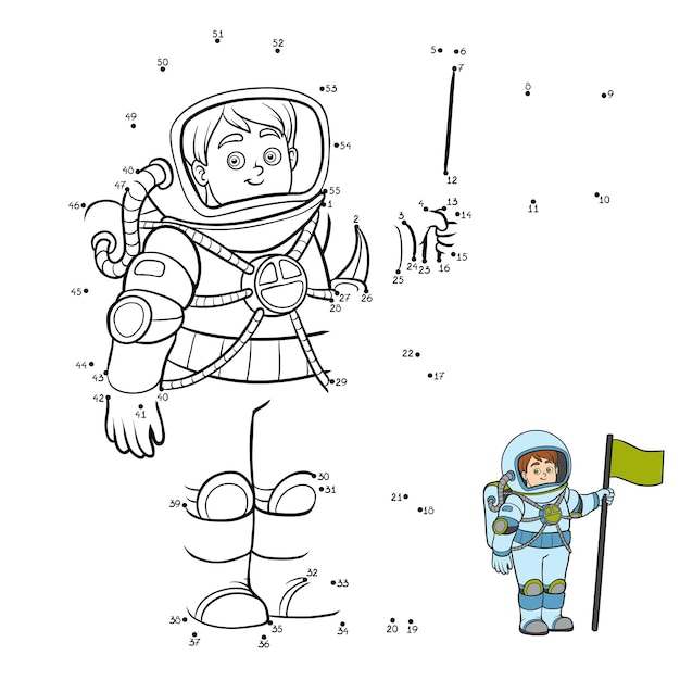 Gioco di numeri, gioco educativo punto per punto per bambini, astronauta