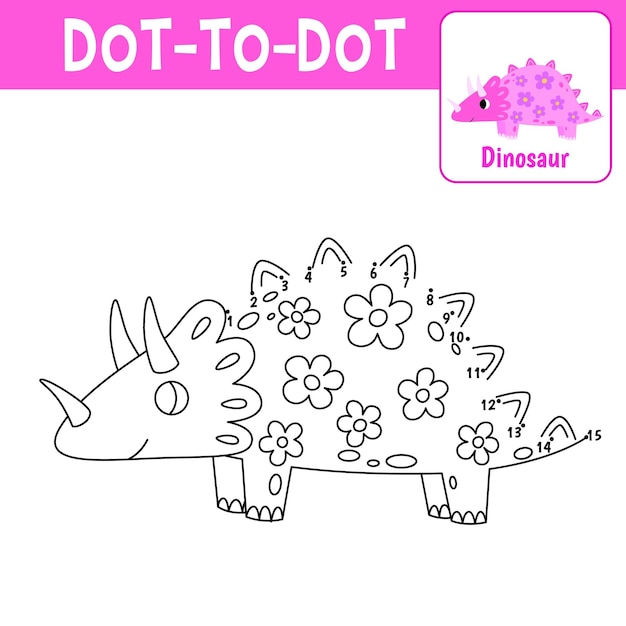 Gioco di numeri educativo gioco punto a punto per bambini libro da colorare triceratops principessa ragazza dinosauro illustrazione di cartoni animati vettoriale